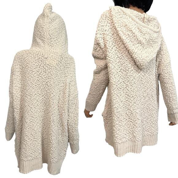 Hooded Popcorn Chenille Pullover Sweater Drawstring Women S/M Ivory Cozy Slouchy - Picture 3 of 9